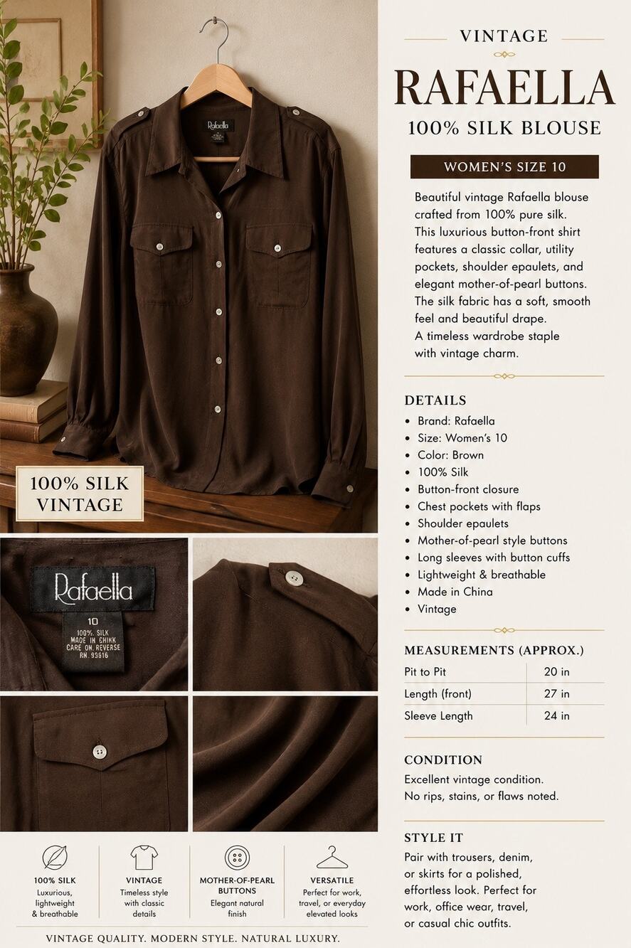 Vintage Rafaella 100% Silk Brown Button Front Blouse Women’s Size 10